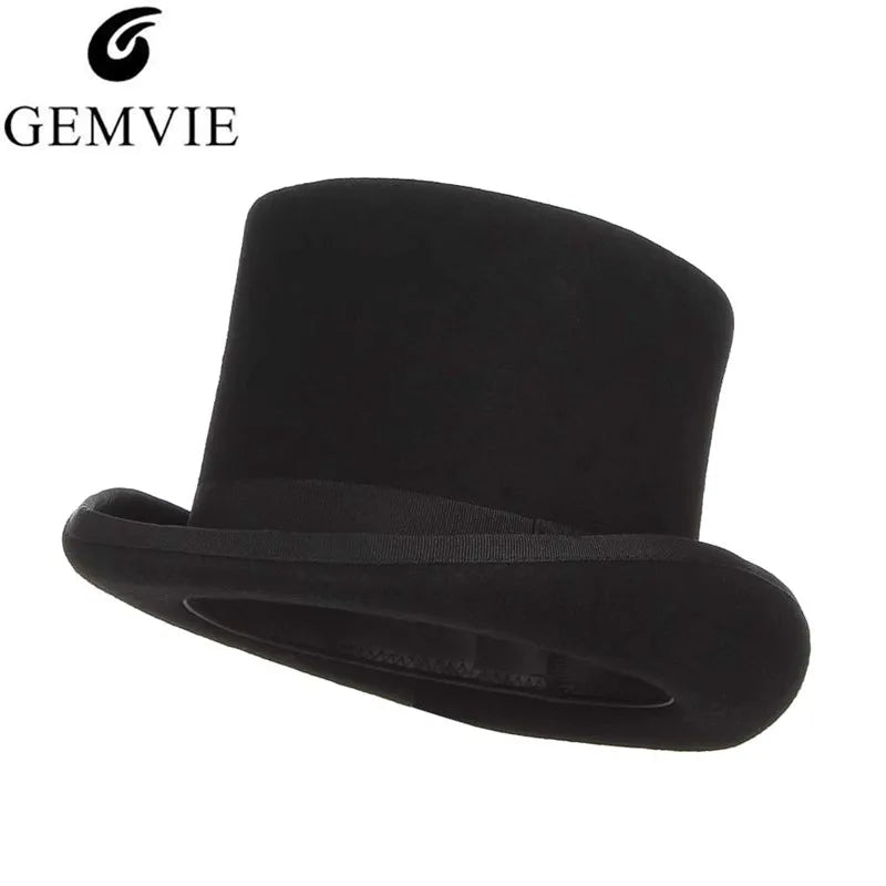 GEMVIE 13.5cm 100% Wool Felt Top Hat Cylinder Derby Cap for Men And Women Mad Hatter Magician Gentleman Fedoras