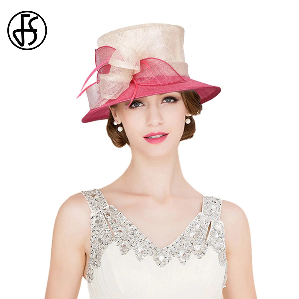 Pink Sinamay Flat Top Kentucky Hat Wedding Bridal Millinery UV Protection Lightweight Luxury Derby Cap for Women Beach Accessory