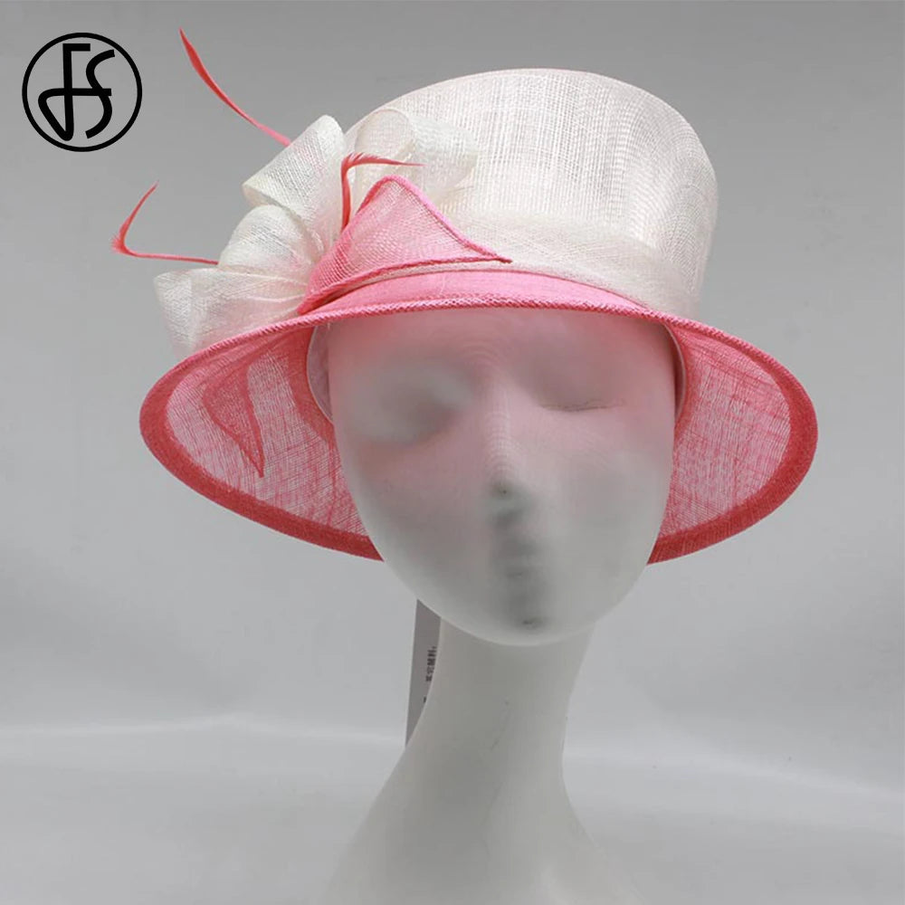 Pink Sinamay Flat Top Kentucky Hat Wedding Bridal Millinery UV Protection Lightweight Luxury Derby Cap for Women Beach Accessory
